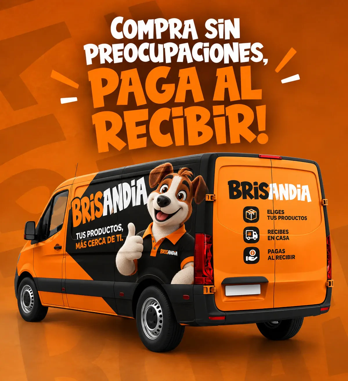 Mascota de Brisandia junto a la camioneta de entregas: compra sin preocupaciones, paga al recibir