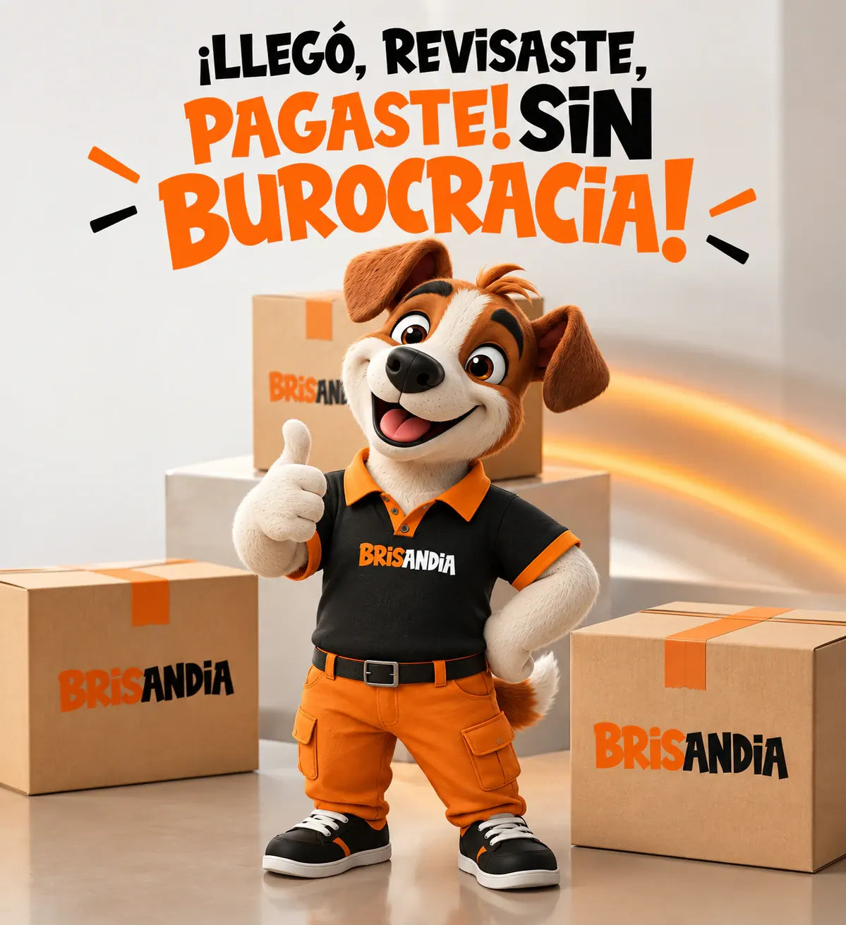 Mascota de Brisandia con cajas de pedidos: llegó, revisaste, pagaste, sin burocracia